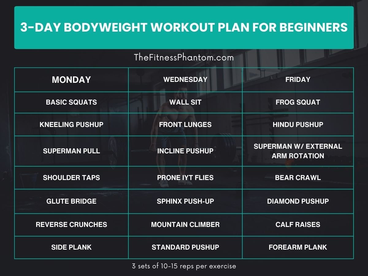 12-Week Bodyweight Workout Routine for Beginners (w/ PDF) 3-Day Bodyweight Workout Routine for Beginners