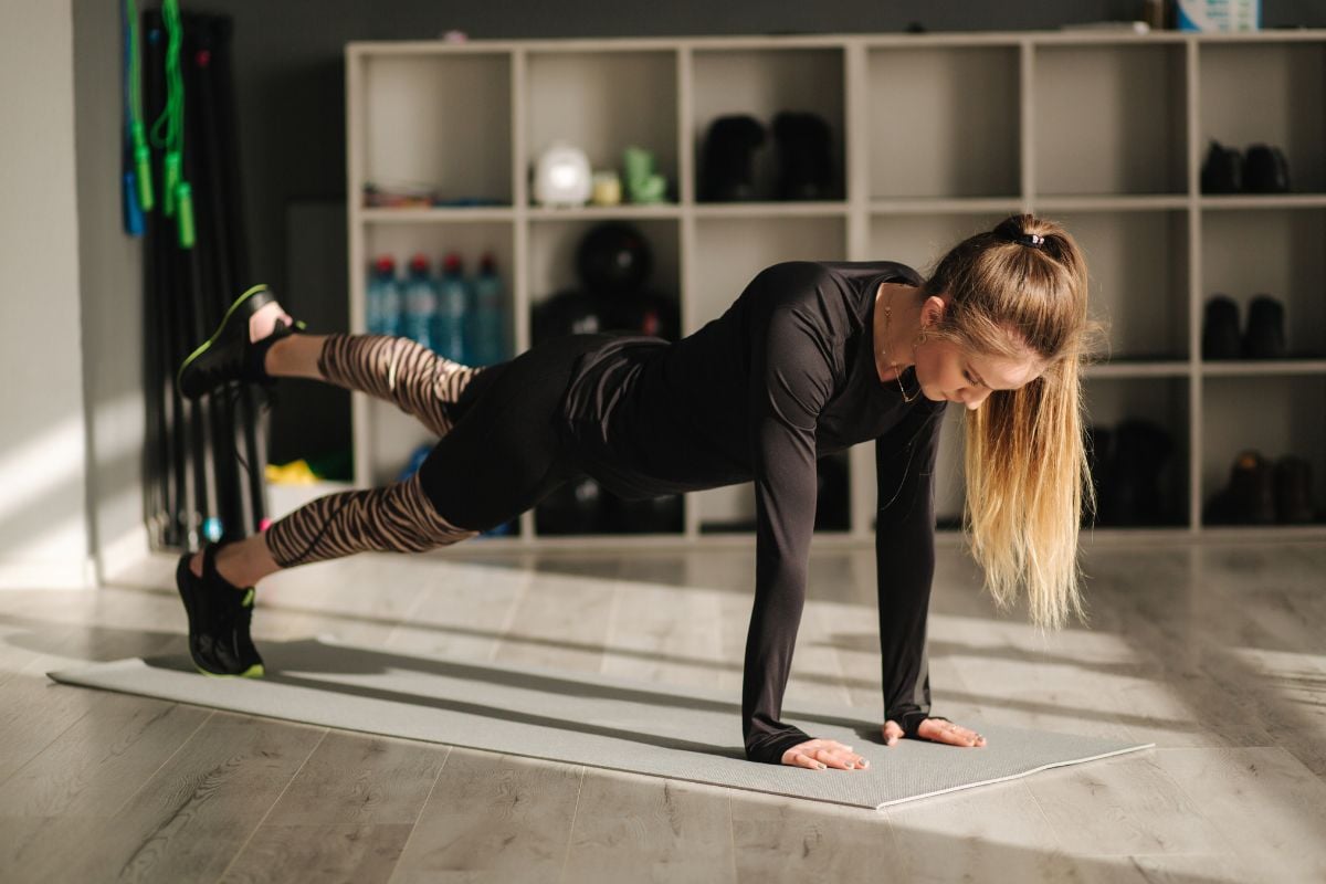 A female working out at home