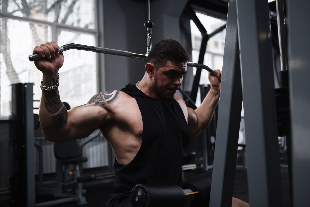 Behind the Neck Pulldown, an Isolation exercise for back muscles.