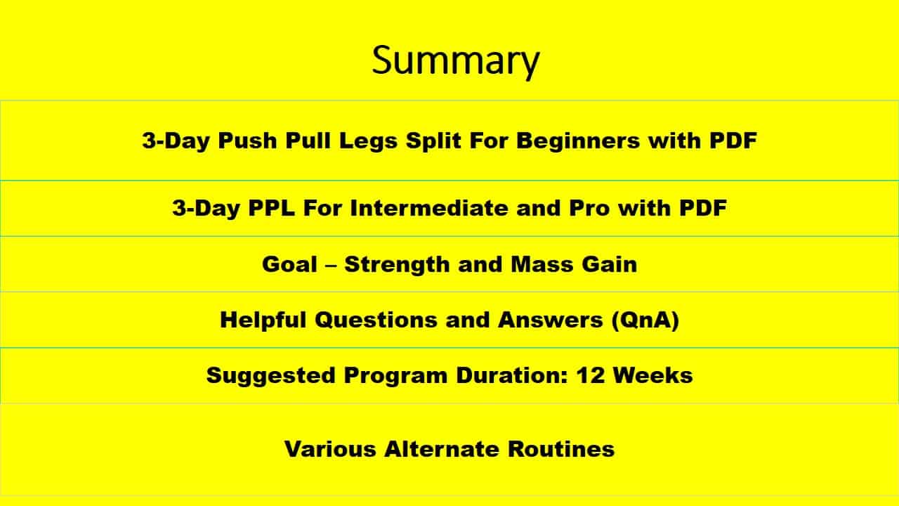 Push Pull Legs 3 Day Split Summary