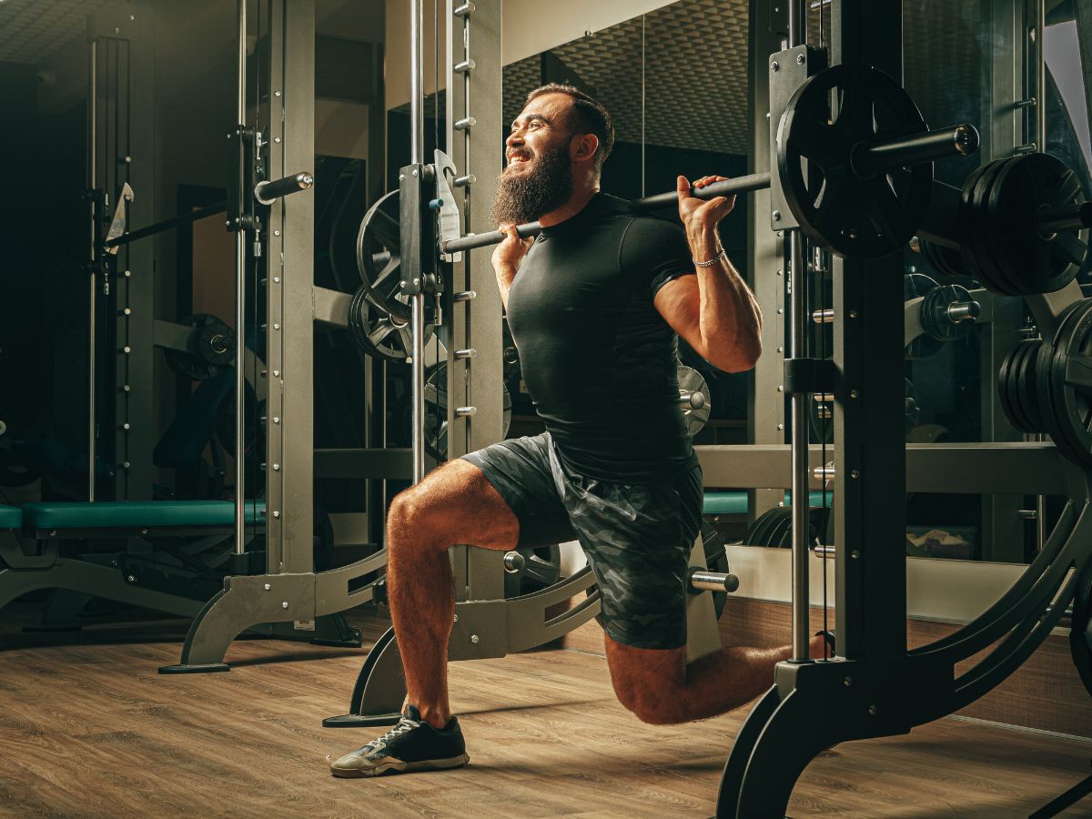 Smith Machine Lunge, a leg workout for building strength and muscle.